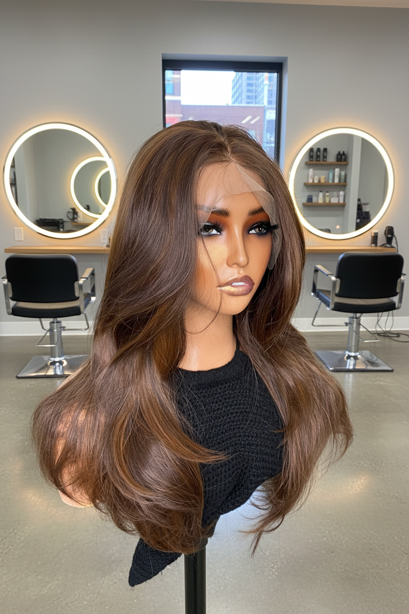 Rich Brown Curtain Bangs Wig