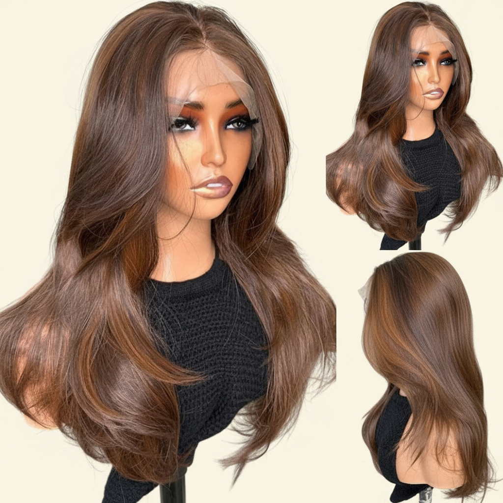 Rich Brown Curtain Bangs Wig